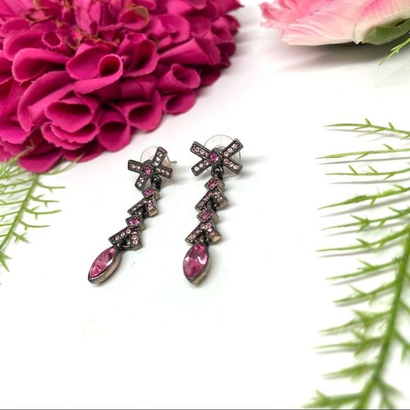 VINTAGE⚜️Marquise Bow Pink Crystal Pavé Droplet Earrings - Picture 3 of 7